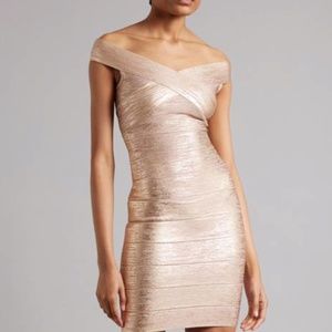 Hervé Leger rose gold Foil Off-the-shoulder Metallic Bandage Dress